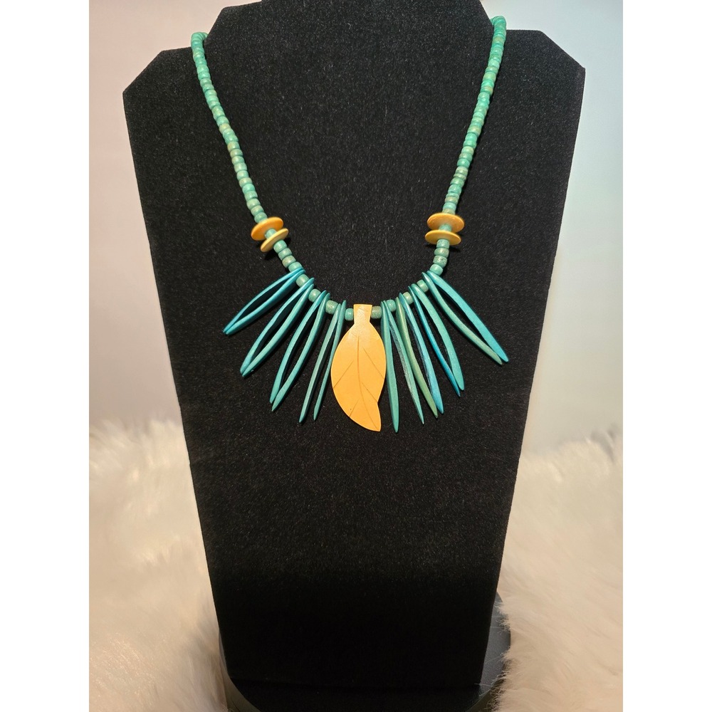 Vintage Turquoise Heishe Bead Necklace with Yellow Leaf Pendant - 36"